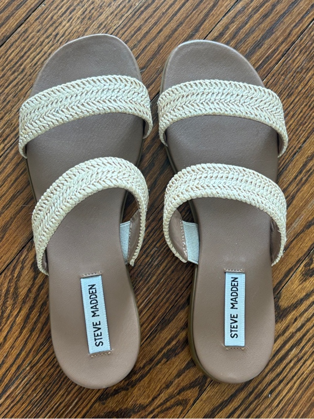 Steve Madden Braided Double-Strap Slide Sandals in Taupe and Cream